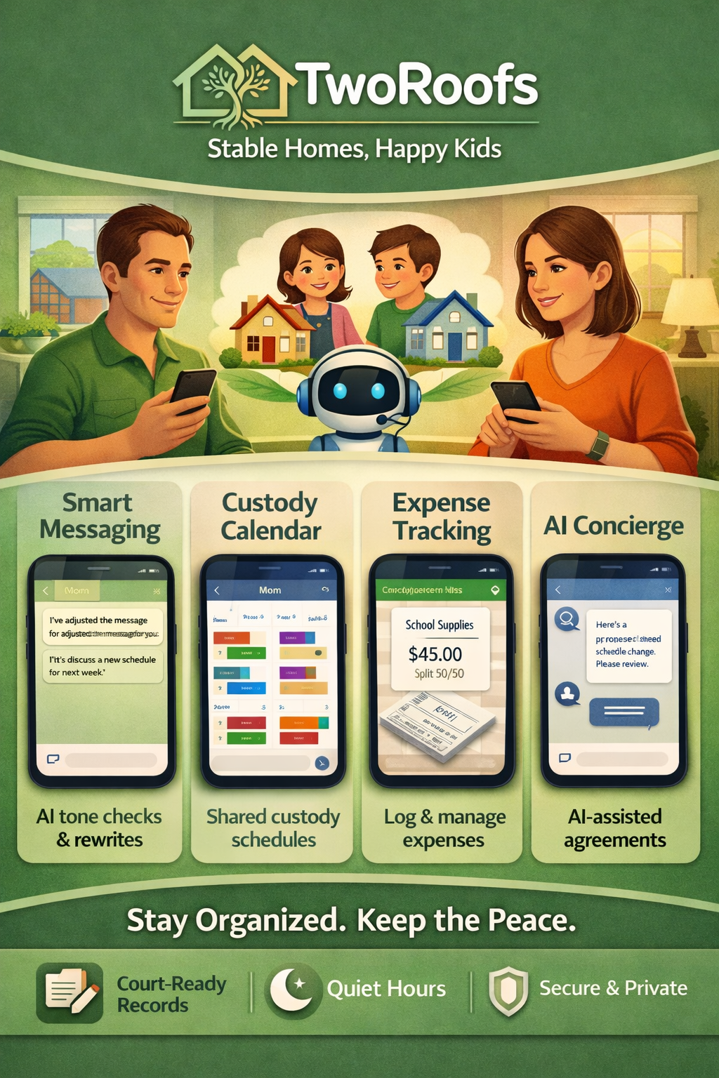 TwoRoofs app features — Smart Messaging, Custody Calendar, Expense Tracking, AI Concierge